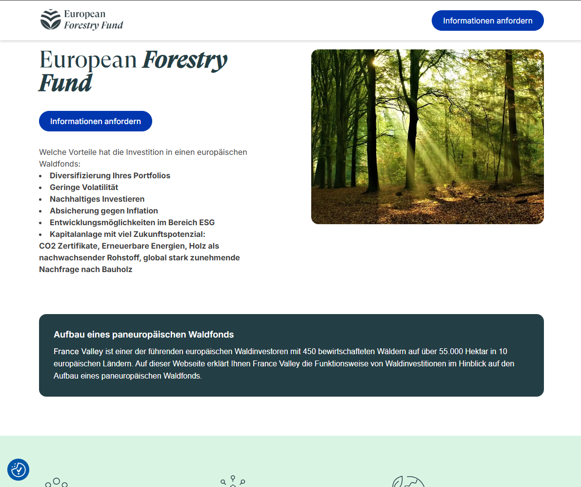 Visuel de la landing page Forestry Fund, entreprise France Valley